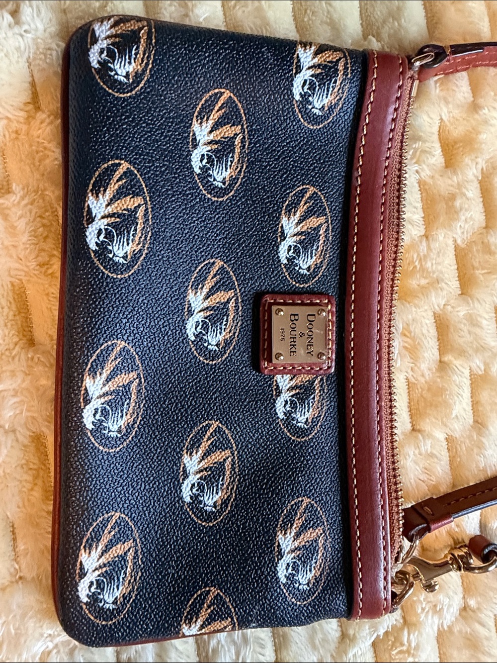 Dooney & Bourke Black with Brown Trim Signature Logo Wristlet